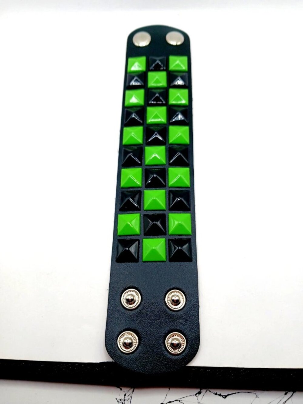 Black + Green Triple Row Skater Studded Vegan Leather Bracelet New